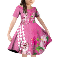 Hawaii Aloha Turtle Hibiscus and Leaves Family Matching Off Shoulder Short Dress and Hawaiian Shirt with Polynesian and Kakau Tattoos Rose Color - Polynesian Pride