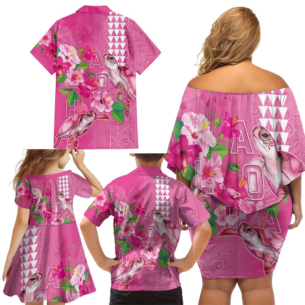 Hawaii Aloha Turtle Hibiscus and Leaves Family Matching Off Shoulder Short Dress and Hawaiian Shirt with Polynesian and Kakau Tattoos Rose Color - Polynesian Pride