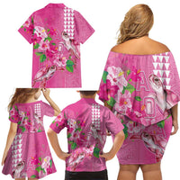 Hawaii Aloha Turtle Hibiscus and Leaves Family Matching Off Shoulder Short Dress and Hawaiian Shirt with Polynesian and Kakau Tattoos Rose Color - Polynesian Pride