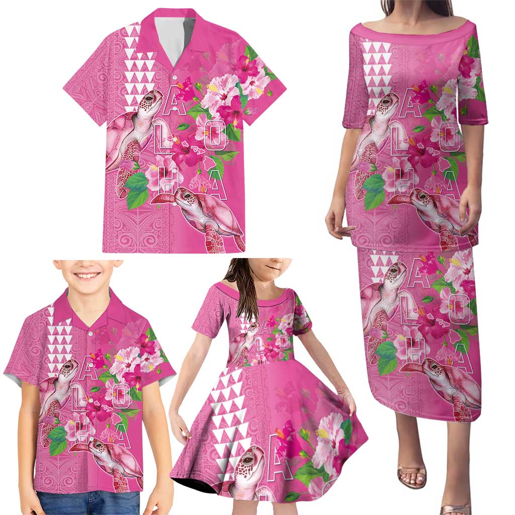 Hawaii Aloha Turtle Hibiscus and Leaves Family Matching Puletasi and Hawaiian Shirt with Polynesian and Kakau Tattoos Rose Color - Polynesian Pride