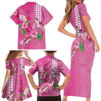 Hawaii Aloha Turtle Hibiscus and Leaves Family Matching Short Sleeve Bodycon Dress and Hawaiian Shirt with Polynesian and Kakau Tattoos Rose Color - Polynesian Pride