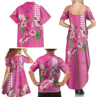 Hawaii Aloha Turtle Hibiscus and Leaves Family Matching Summer Maxi Dress and Hawaiian Shirt with Polynesian and Kakau Tattoos Rose Color - Polynesian Pride