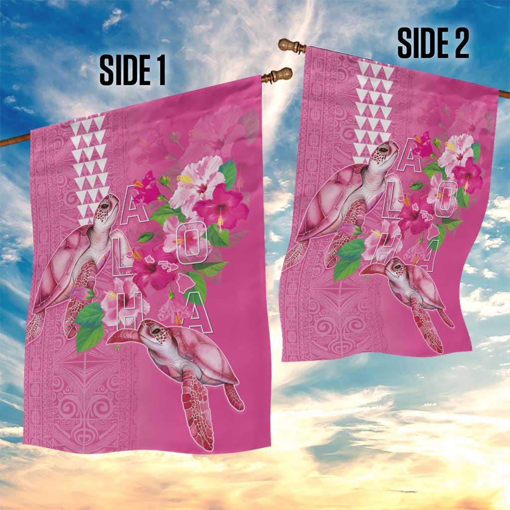 Hawaii Aloha Turtle Hibiscus and Leaves Garden Flag with Polynesian and Kakau Tattoos Rose Color - Polynesian Pride