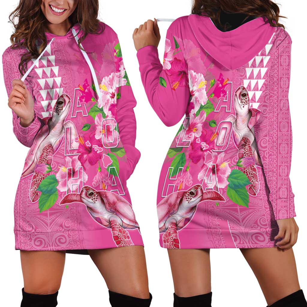 Hawaii Aloha Turtle Hibiscus and Leaves Hoodie Dress with Polynesian and Kakau Tattoos Rose Color - Polynesian Pride