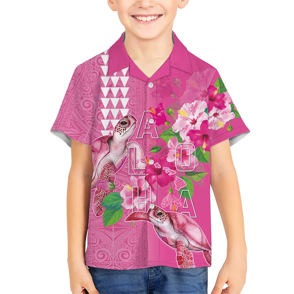 Hawaii Aloha Turtle Hibiscus and Leaves Kid Hawaiian Shirt with Polynesian and Kakau Tattoos Rose Color - Polynesian Pride