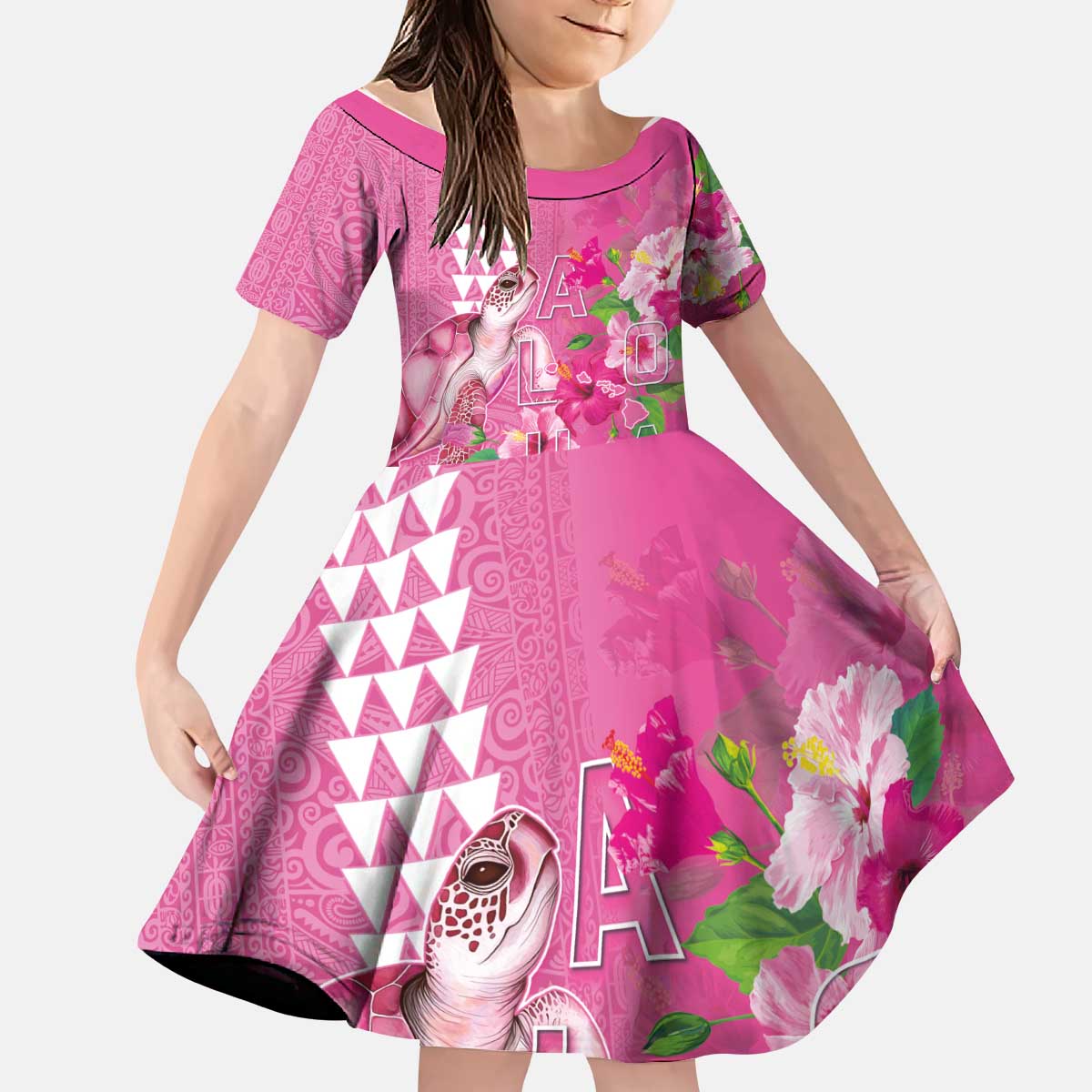Hawaii Aloha Turtle Hibiscus and Leaves Kid Short Sleeve Dress with Polynesian and Kakau Tattoos Rose Color - Polynesian Pride