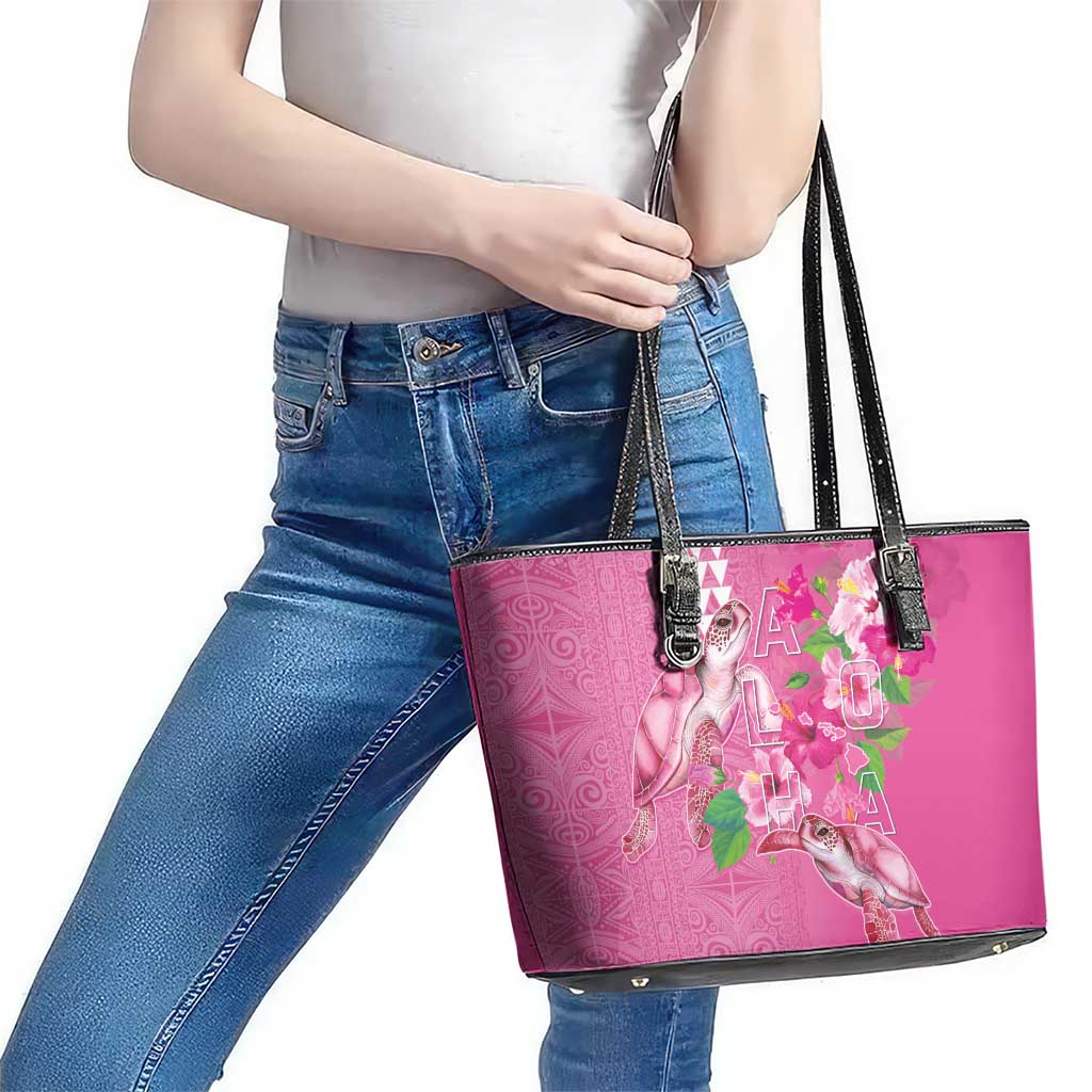Hawaii Aloha Turtle Hibiscus and Leaves Leather Tote Bag with Polynesian and Kakau Tattoos Rose Color - Polynesian Pride