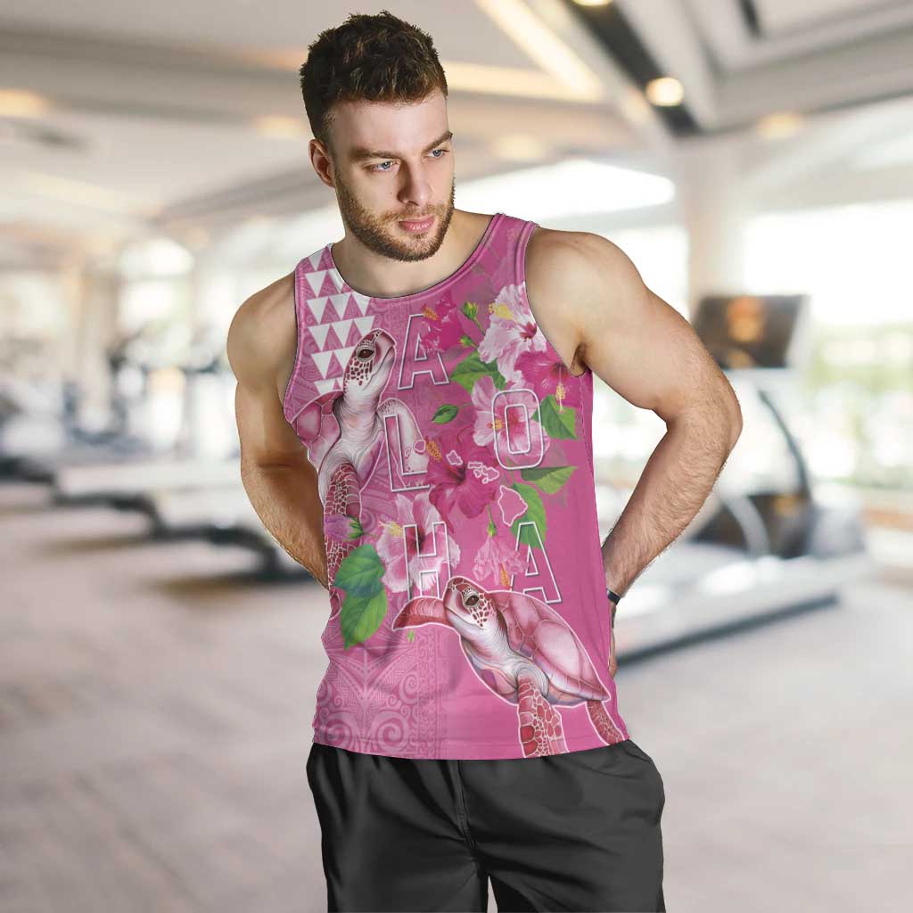 Hawaii Aloha Turtle Hibiscus and Leaves Men Tank Top with Polynesian and Kakau Tattoos Rose Color - Polynesian Pride