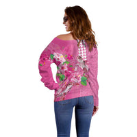 Hawaii Aloha Turtle Hibiscus and Leaves Off Shoulder Sweater with Polynesian and Kakau Tattoos Rose Color - Polynesian Pride