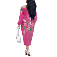 Hawaii Aloha Turtle Hibiscus and Leaves Off The Shoulder Long Sleeve Dress with Polynesian and Kakau Tattoos Rose Color - Polynesian Pride