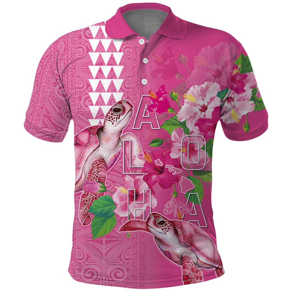 Hawaii Aloha Turtle Hibiscus and Leaves Polo Shirt with Polynesian and Kakau Tattoos Rose Color - Polynesian Pride