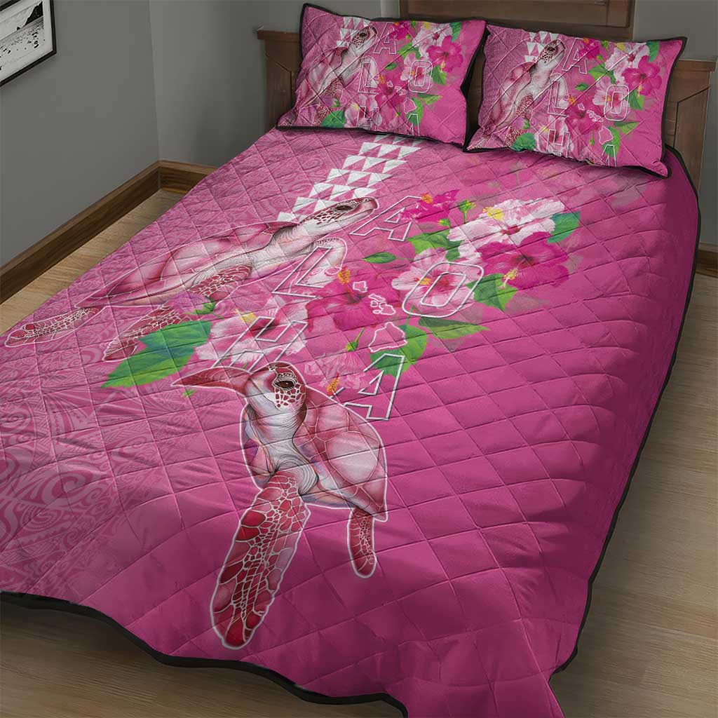 Hawaii Aloha Turtle Hibiscus and Leaves Quilt Bed Set with Polynesian and Kakau Tattoos Rose Color - Polynesian Pride