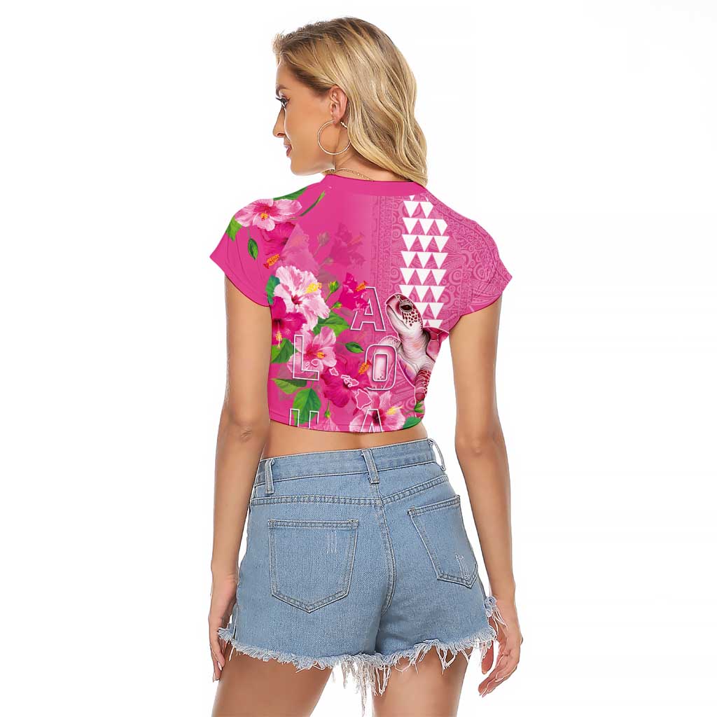 Hawaii Aloha Turtle Hibiscus and Leaves Raglan Cropped T Shirt with Polynesian and Kakau Tattoos Rose Color - Polynesian Pride