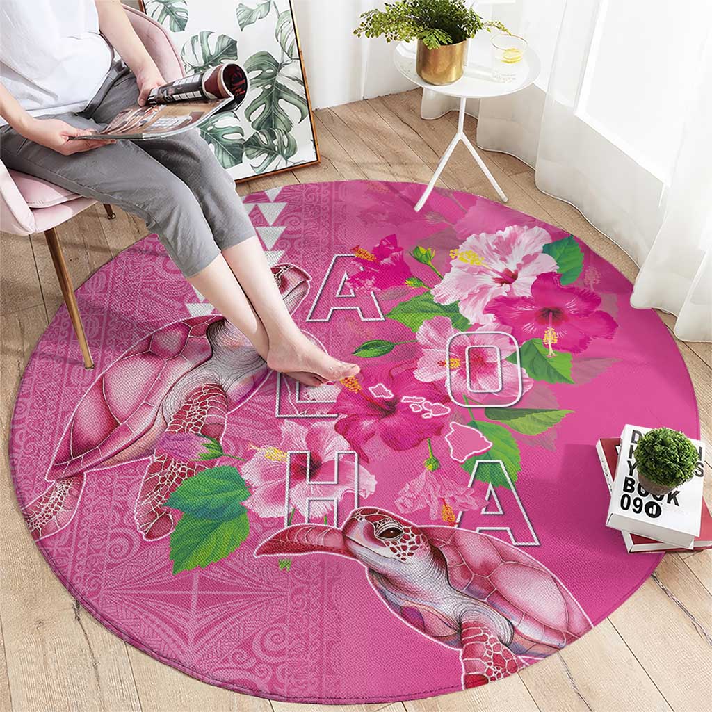 Hawaii Aloha Turtle Hibiscus and Leaves Round Carpet with Polynesian and Kakau Tattoos Rose Color - Polynesian Pride