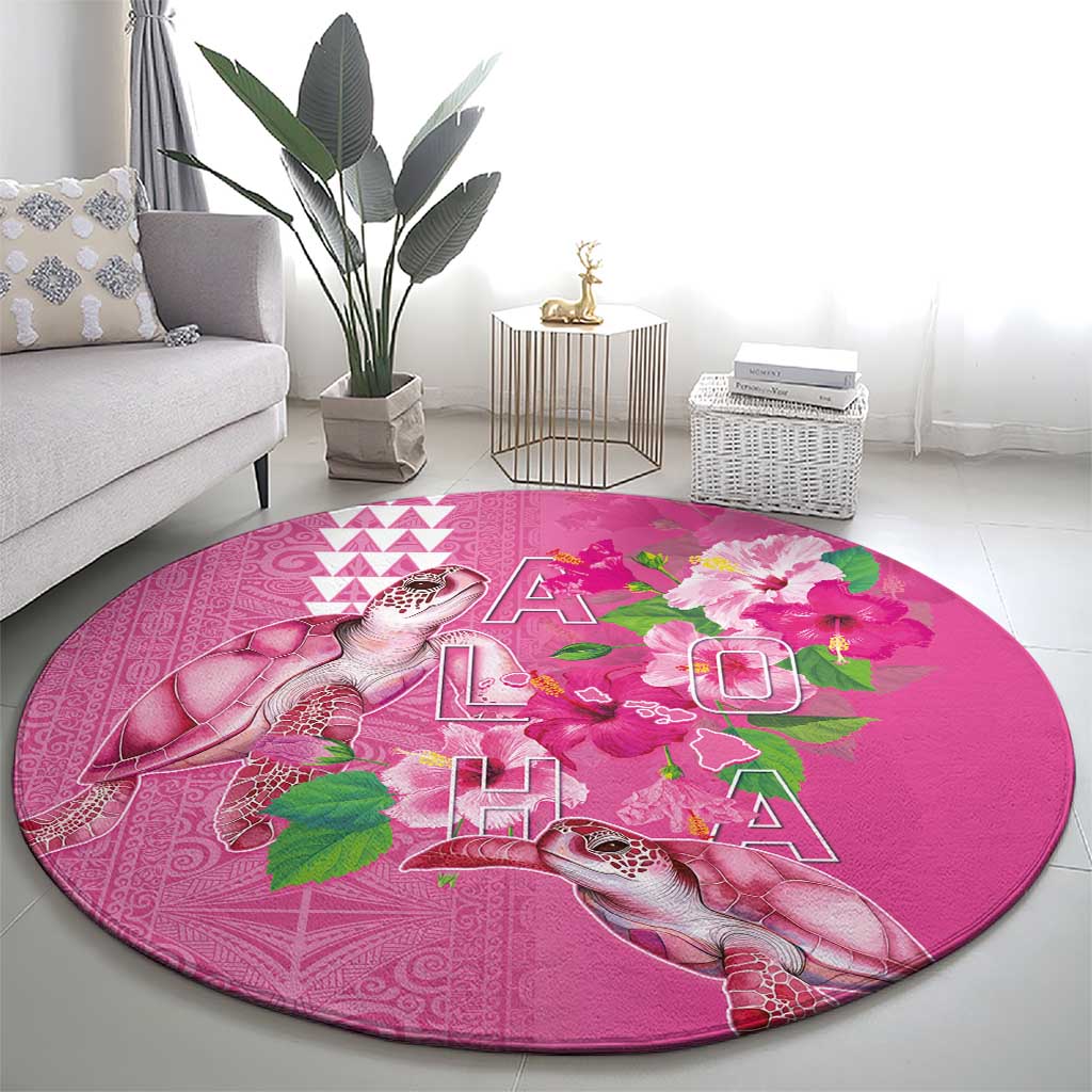 Hawaii Aloha Turtle Hibiscus and Leaves Round Carpet with Polynesian and Kakau Tattoos Rose Color - Polynesian Pride