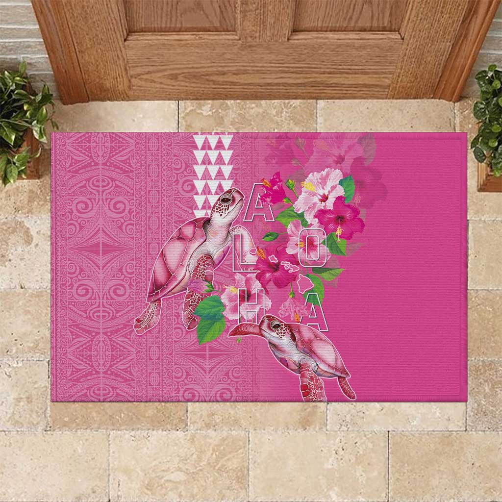 Hawaii Aloha Turtle Hibiscus and Leaves Rubber Doormat with Polynesian and Kakau Tattoos Rose Color - Polynesian Pride