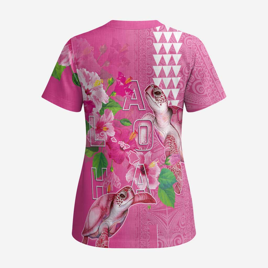 Hawaii Aloha Turtle Hibiscus and Leaves Scrub Top with Polynesian and Kakau Tattoos Rose Color - Polynesian Pride
