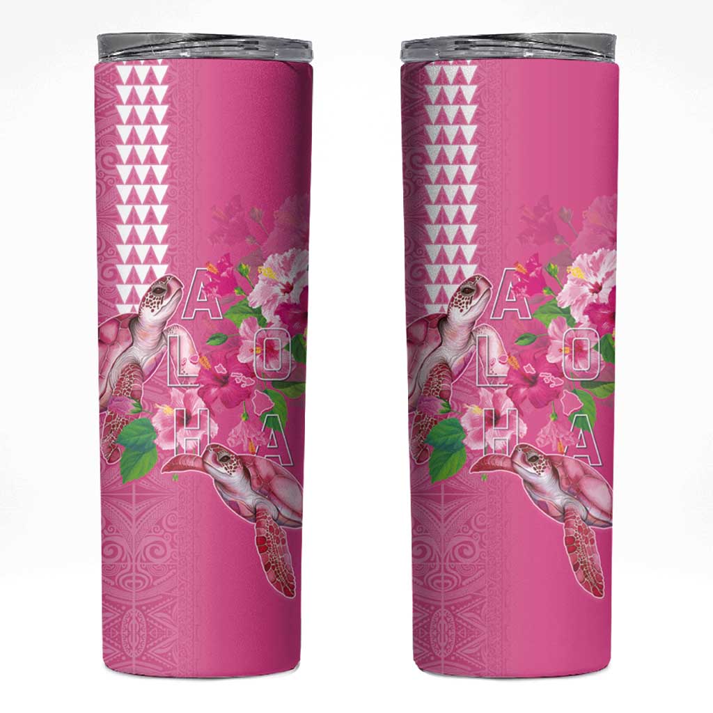 Hawaii Aloha Turtle Hibiscus and Leaves Skinny Tumbler with Polynesian and Kakau Tattoos Rose Color - Polynesian Pride