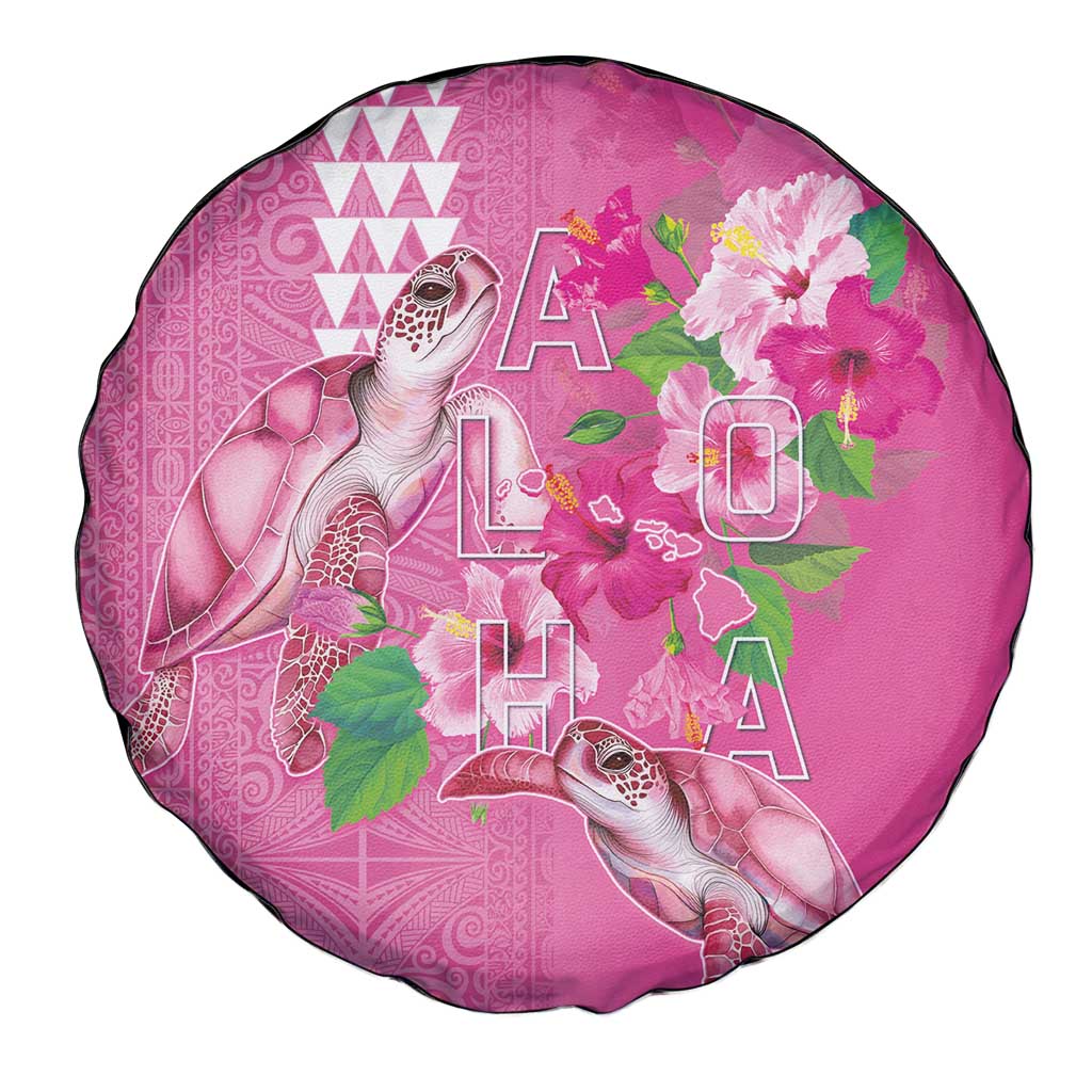 Hawaii Aloha Turtle Hibiscus and Leaves Spare Tire Cover with Polynesian and Kakau Tattoos Rose Color - Polynesian Pride