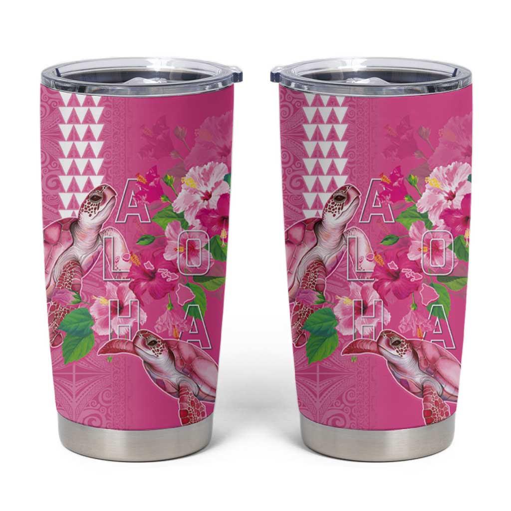 Hawaii Aloha Turtle Hibiscus and Leaves Tumbler Cup with Polynesian and Kakau Tattoos Rose Color - Polynesian Pride