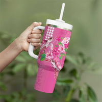 Hawaii Aloha Turtle Hibiscus and Leaves Tumbler With Handle with Polynesian and Kakau Tattoos Rose Color - Polynesian Pride