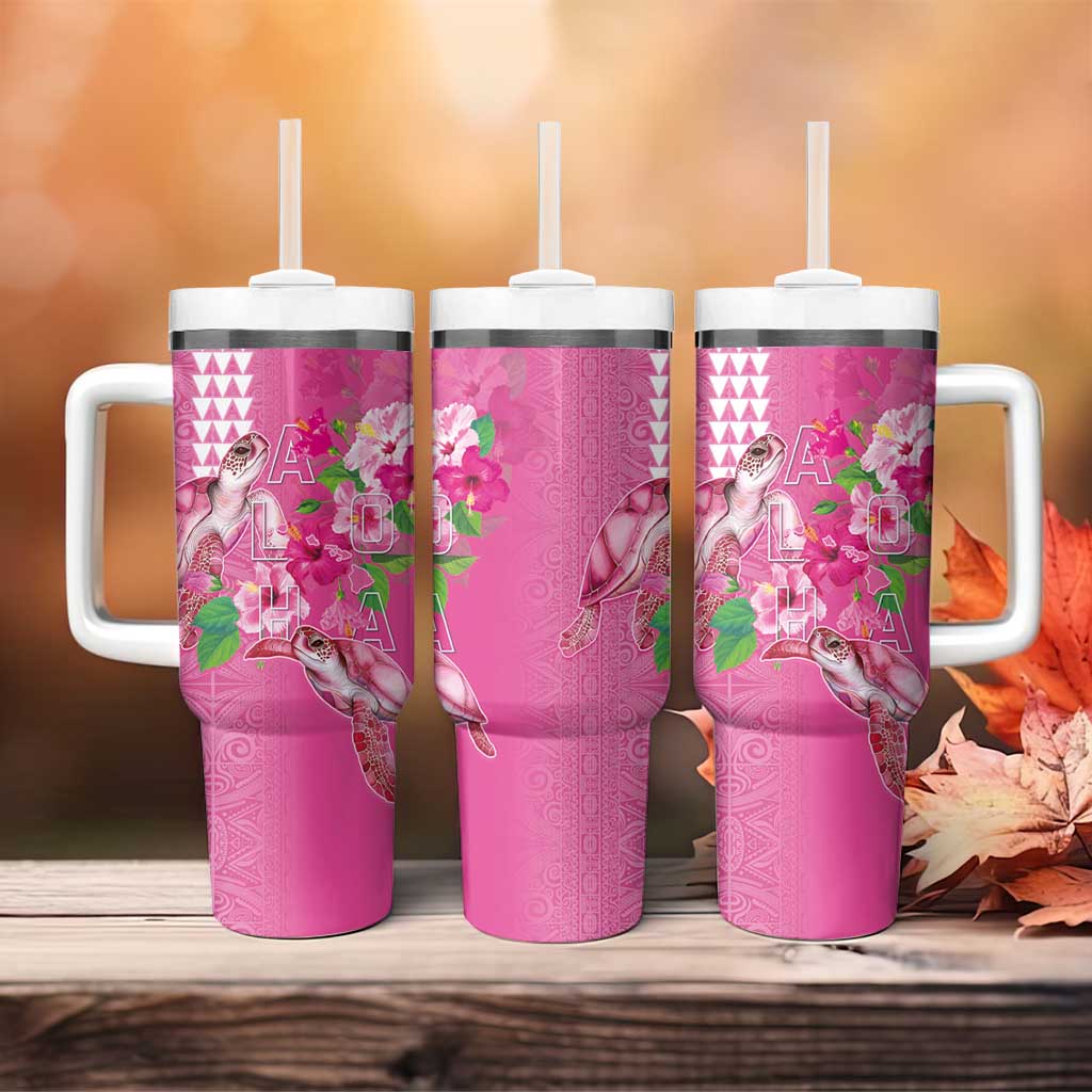 Hawaii Aloha Turtle Hibiscus and Leaves Tumbler With Handle with Polynesian and Kakau Tattoos Rose Color - Polynesian Pride