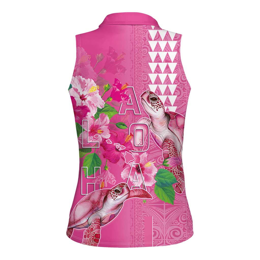 Hawaii Aloha Turtle Hibiscus and Leaves Women Sleeveless Polo Shirt with Polynesian and Kakau Tattoos Rose Color - Polynesian Pride