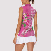 Hawaii Aloha Turtle Hibiscus and Leaves Women Sleeveless Polo Shirt with Polynesian and Kakau Tattoos Rose Color - Polynesian Pride