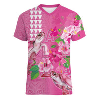 Hawaii Aloha Turtle Hibiscus and Leaves Women V-Neck T-Shirt with Polynesian and Kakau Tattoos Rose Color - Polynesian Pride