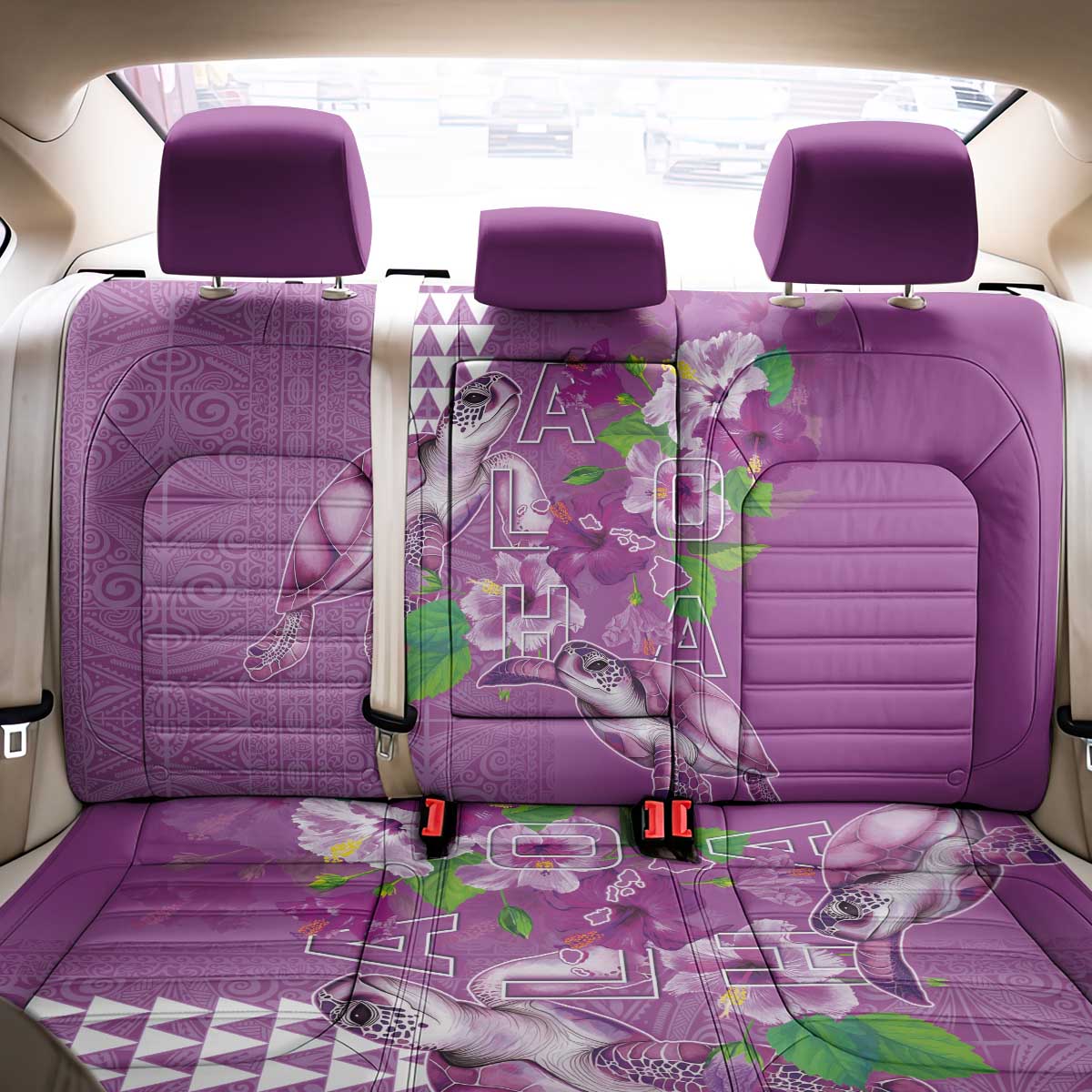 Hawaii Aloha Turtle Hibiscus and Leaves Back Car Seat Cover with Polynesian and Kakau Tattoos Lilac Color - Polynesian Pride