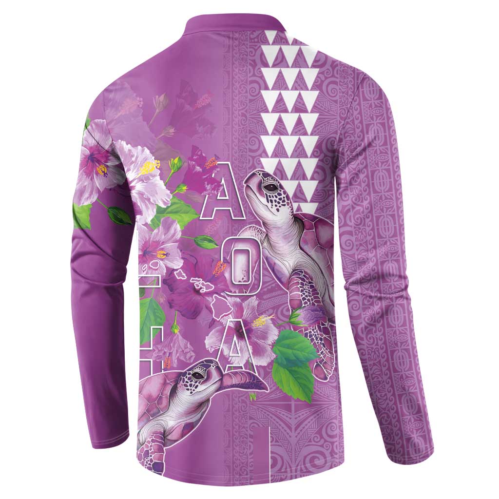 Hawaii Aloha Turtle Hibiscus and Leaves Button Sweatshirt with Polynesian and Kakau Tattoos Lilac Color - Polynesian Pride
