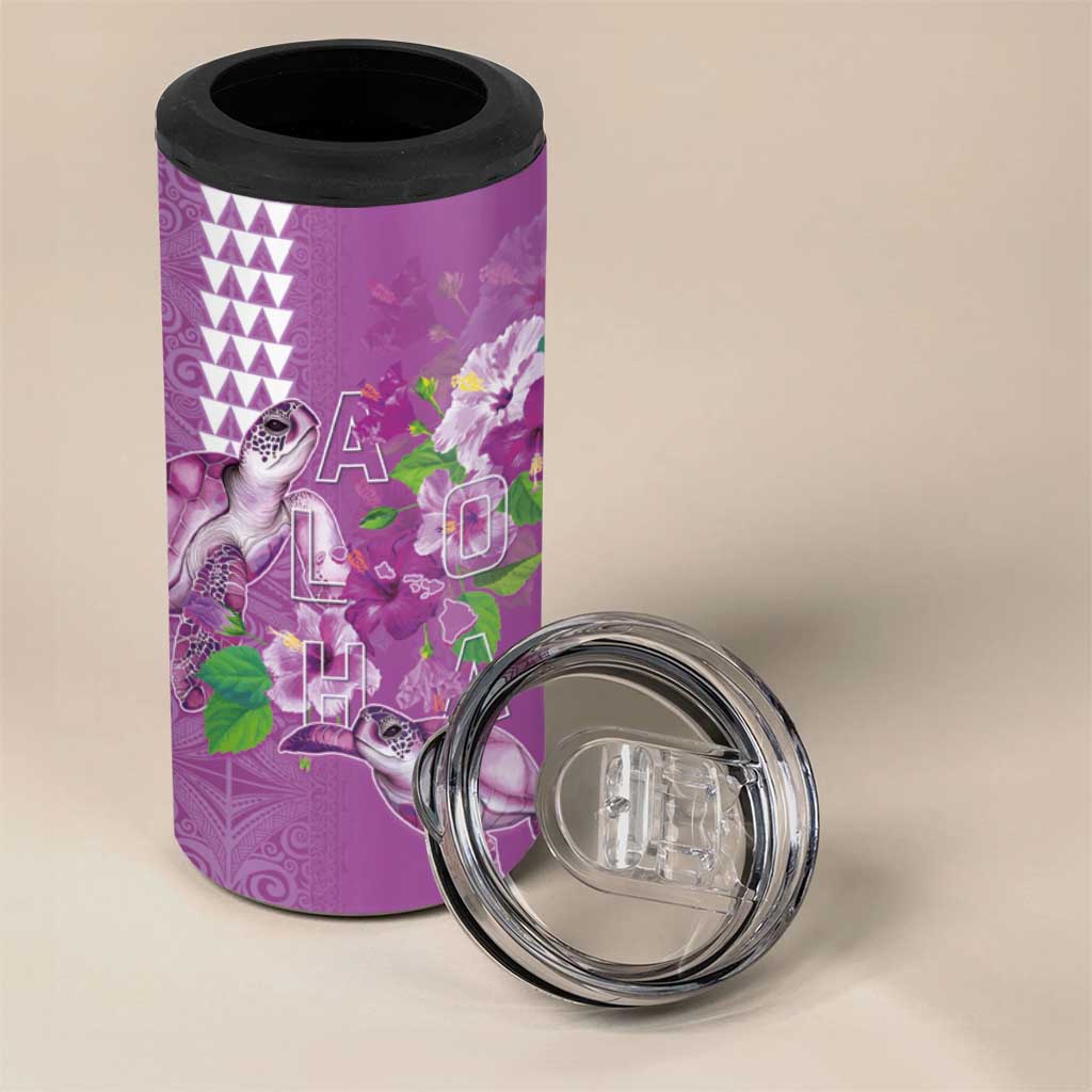 Hawaii Aloha Turtle Hibiscus and Leaves 4 in 1 Can Cooler Tumbler with Polynesian and Kakau Tattoos Lilac Color - Polynesian Pride