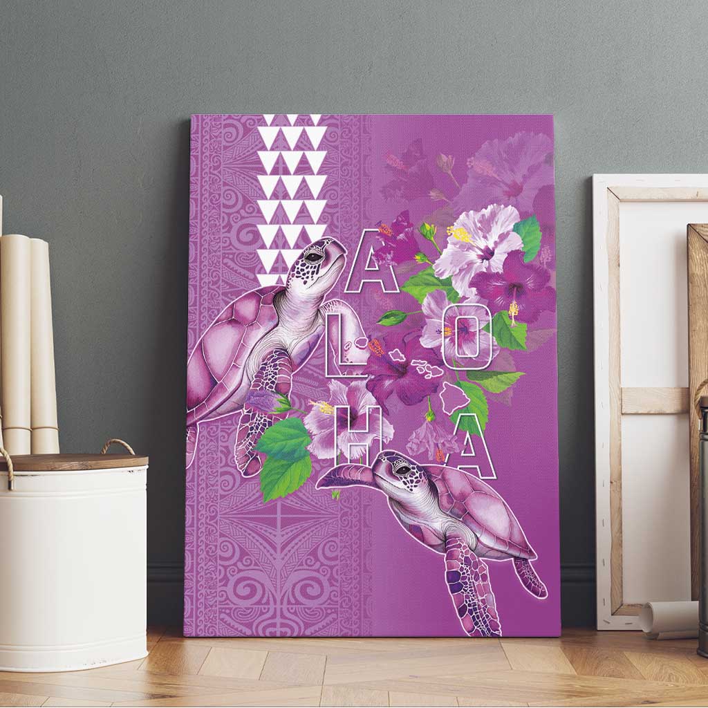 Hawaii Aloha Turtle Hibiscus and Leaves Canvas Wall Art with Polynesian and Kakau Tattoos Lilac Color - Polynesian Pride
