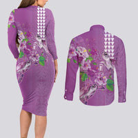Hawaii Aloha Turtle Hibiscus and Leaves Couples Matching Long Sleeve Bodycon Dress and Long Sleeve Button Shirt with Polynesian and Kakau Tattoos Lilac Color - Polynesian Pride