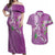 Hawaii Aloha Turtle Hibiscus and Leaves Couples Matching Off Shoulder Maxi Dress and Hawaiian Shirt with Polynesian and Kakau Tattoos Lilac Color - Polynesian Pride