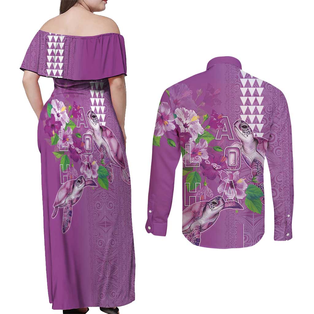 Hawaii Aloha Turtle Hibiscus and Leaves Couples Matching Off Shoulder Maxi Dress and Long Sleeve Button Shirt with Polynesian and Kakau Tattoos Lilac Color - Polynesian Pride