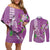 Hawaii Aloha Turtle Hibiscus and Leaves Couples Matching Off Shoulder Short Dress and Long Sleeve Button Shirt with Polynesian and Kakau Tattoos Lilac Color - Polynesian Pride