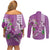 Hawaii Aloha Turtle Hibiscus and Leaves Couples Matching Off Shoulder Short Dress and Long Sleeve Button Shirt with Polynesian and Kakau Tattoos Lilac Color - Polynesian Pride
