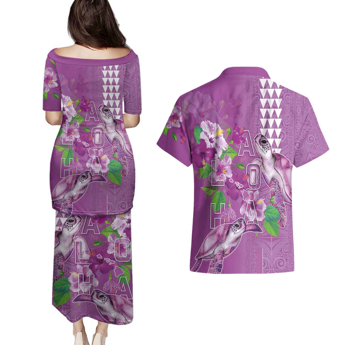 Hawaii Aloha Turtle Hibiscus and Leaves Couples Matching Puletasi and Hawaiian Shirt with Polynesian and Kakau Tattoos Lilac Color - Polynesian Pride