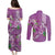 Hawaii Aloha Turtle Hibiscus and Leaves Couples Matching Puletasi and Long Sleeve Button Shirt with Polynesian and Kakau Tattoos Lilac Color - Polynesian Pride
