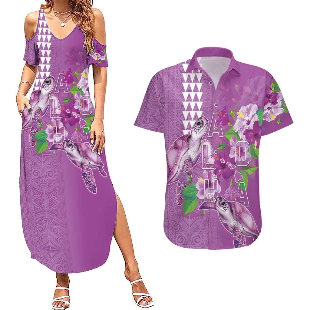 Hawaii Aloha Turtle Hibiscus and Leaves Couples Matching Summer Maxi Dress and Hawaiian Shirt with Polynesian and Kakau Tattoos Lilac Color - Polynesian Pride