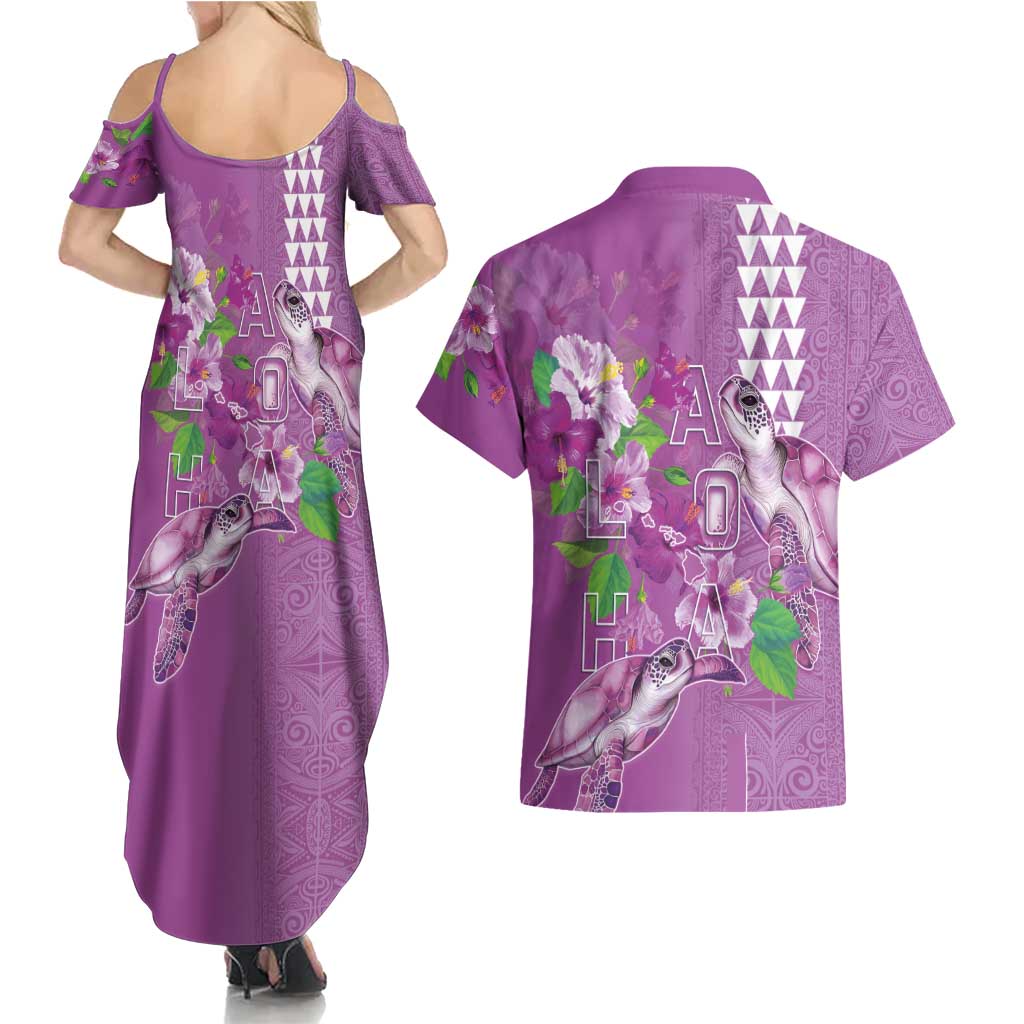 Hawaii Aloha Turtle Hibiscus and Leaves Couples Matching Summer Maxi Dress and Hawaiian Shirt with Polynesian and Kakau Tattoos Lilac Color - Polynesian Pride