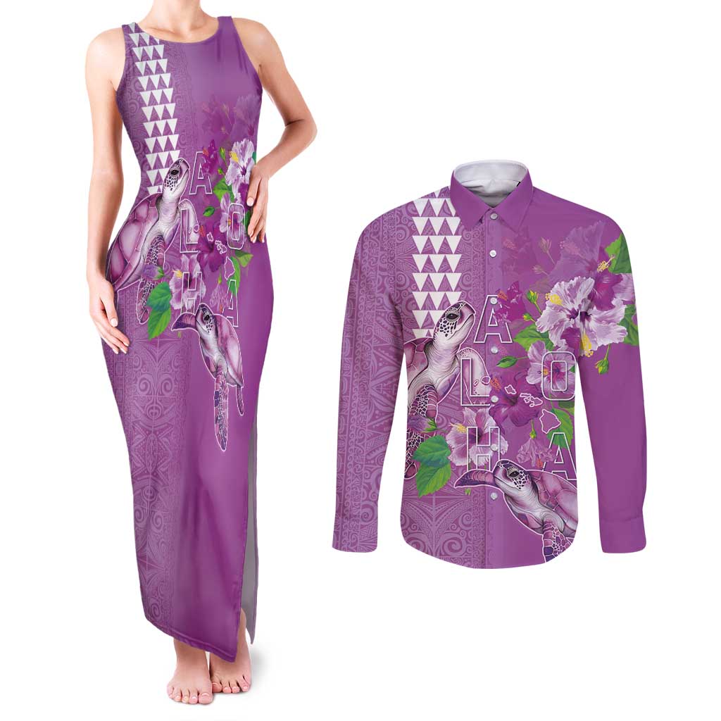 Hawaii Aloha Turtle Hibiscus and Leaves Couples Matching Tank Maxi Dress and Long Sleeve Button Shirt with Polynesian and Kakau Tattoos Lilac Color - Polynesian Pride