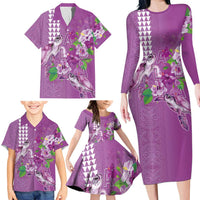 Hawaii Aloha Turtle Hibiscus and Leaves Family Matching Long Sleeve Bodycon Dress and Hawaiian Shirt with Polynesian and Kakau Tattoos Lilac Color - Polynesian Pride