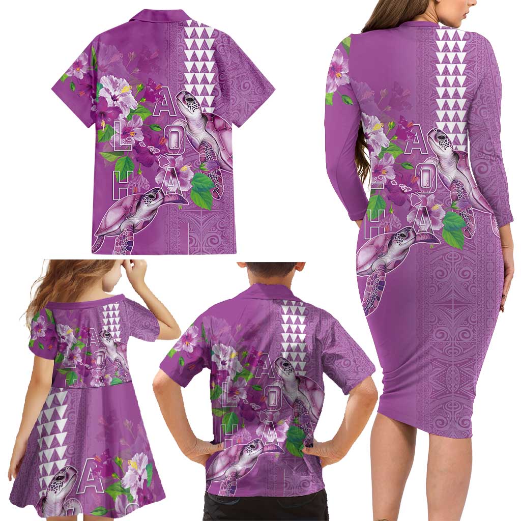 Hawaii Aloha Turtle Hibiscus and Leaves Family Matching Long Sleeve Bodycon Dress and Hawaiian Shirt with Polynesian and Kakau Tattoos Lilac Color - Polynesian Pride