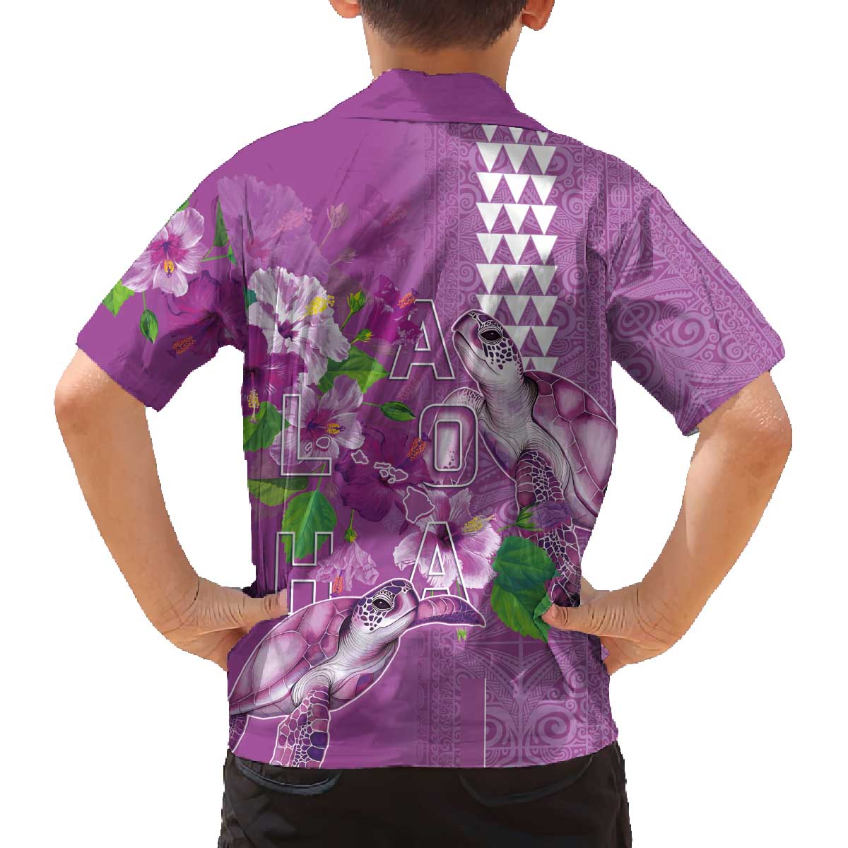 Hawaii Aloha Turtle Hibiscus and Leaves Family Matching Off The Shoulder Long Sleeve Dress and Hawaiian Shirt with Polynesian and Kakau Tattoos Lilac Color - Polynesian Pride