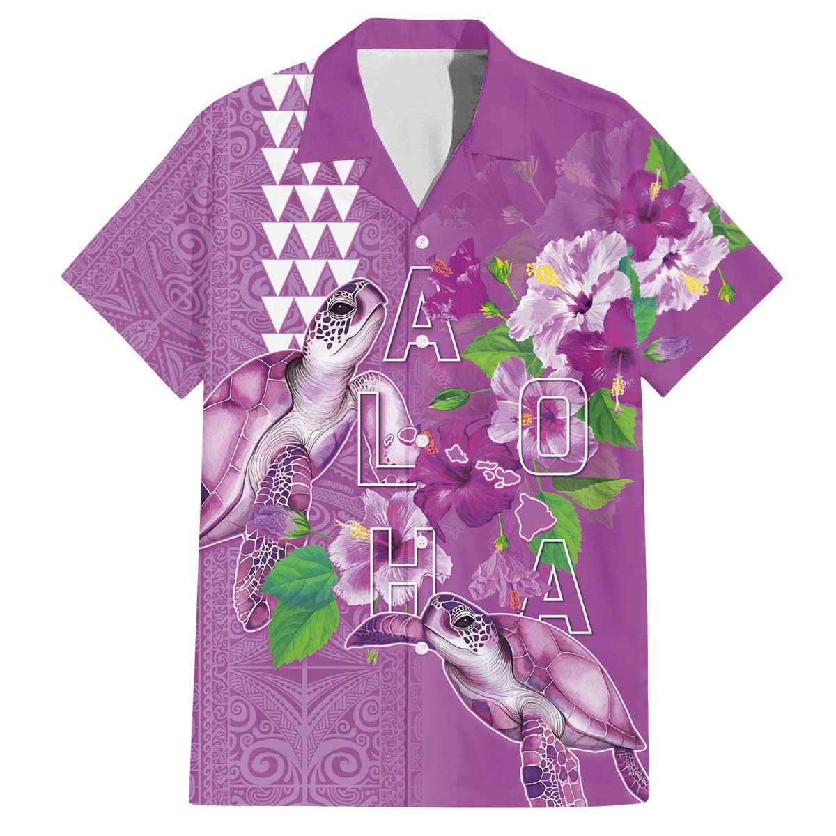 Hawaii Aloha Turtle Hibiscus and Leaves Family Matching Off The Shoulder Long Sleeve Dress and Hawaiian Shirt with Polynesian and Kakau Tattoos Lilac Color - Polynesian Pride