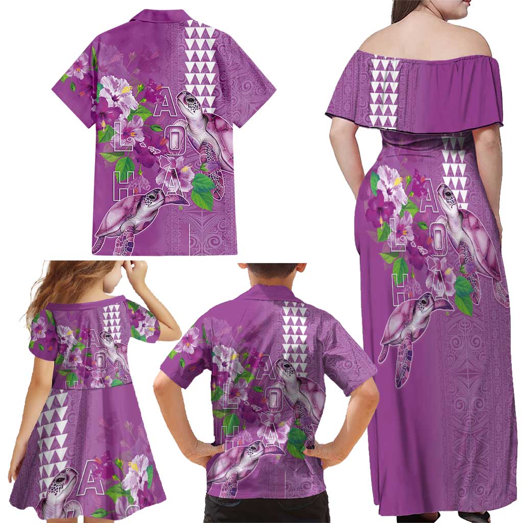 Hawaii Aloha Turtle Hibiscus and Leaves Family Matching Off Shoulder Maxi Dress and Hawaiian Shirt with Polynesian and Kakau Tattoos Lilac Color - Polynesian Pride