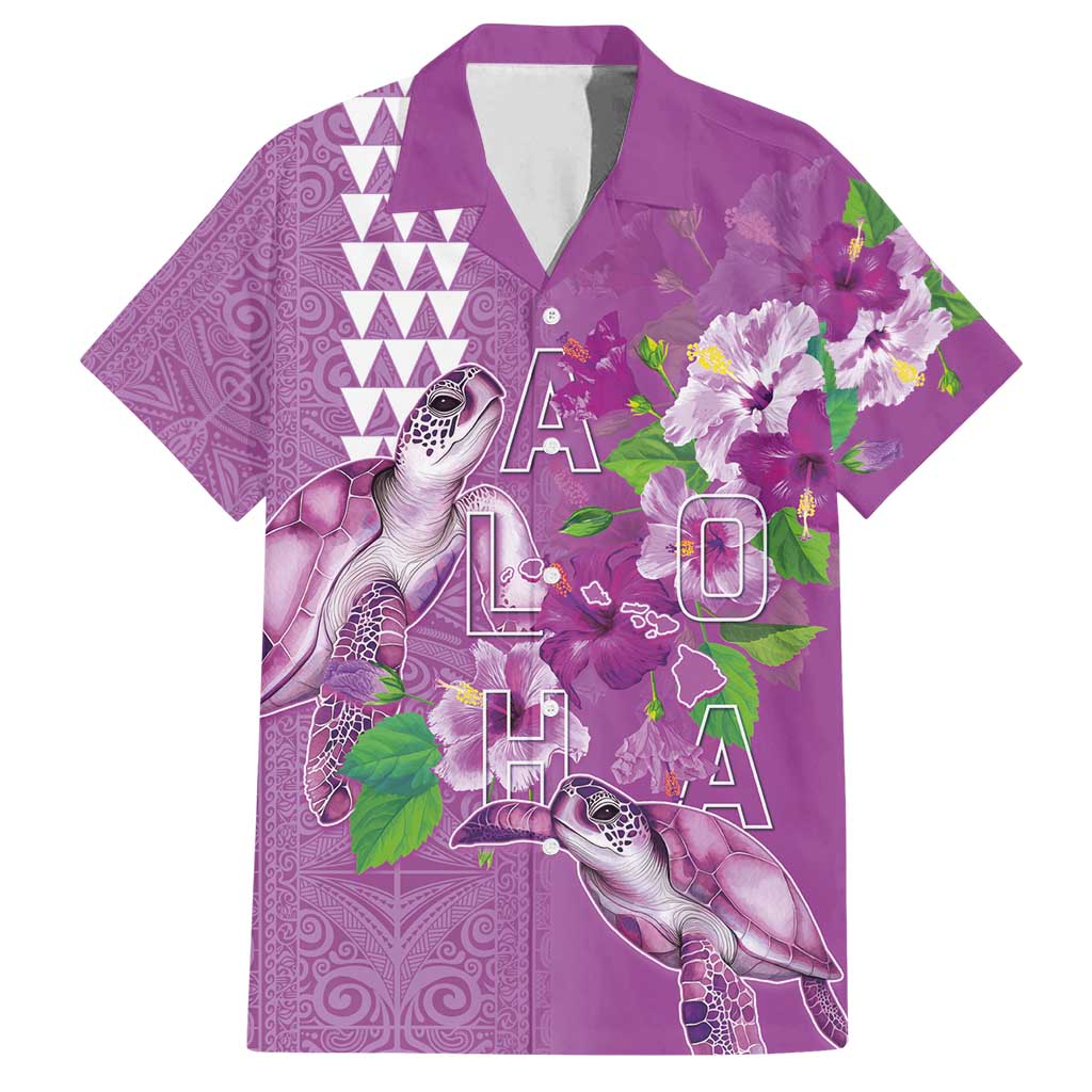 Hawaii Aloha Turtle Hibiscus and Leaves Family Matching Off Shoulder Maxi Dress and Hawaiian Shirt with Polynesian and Kakau Tattoos Lilac Color - Polynesian Pride