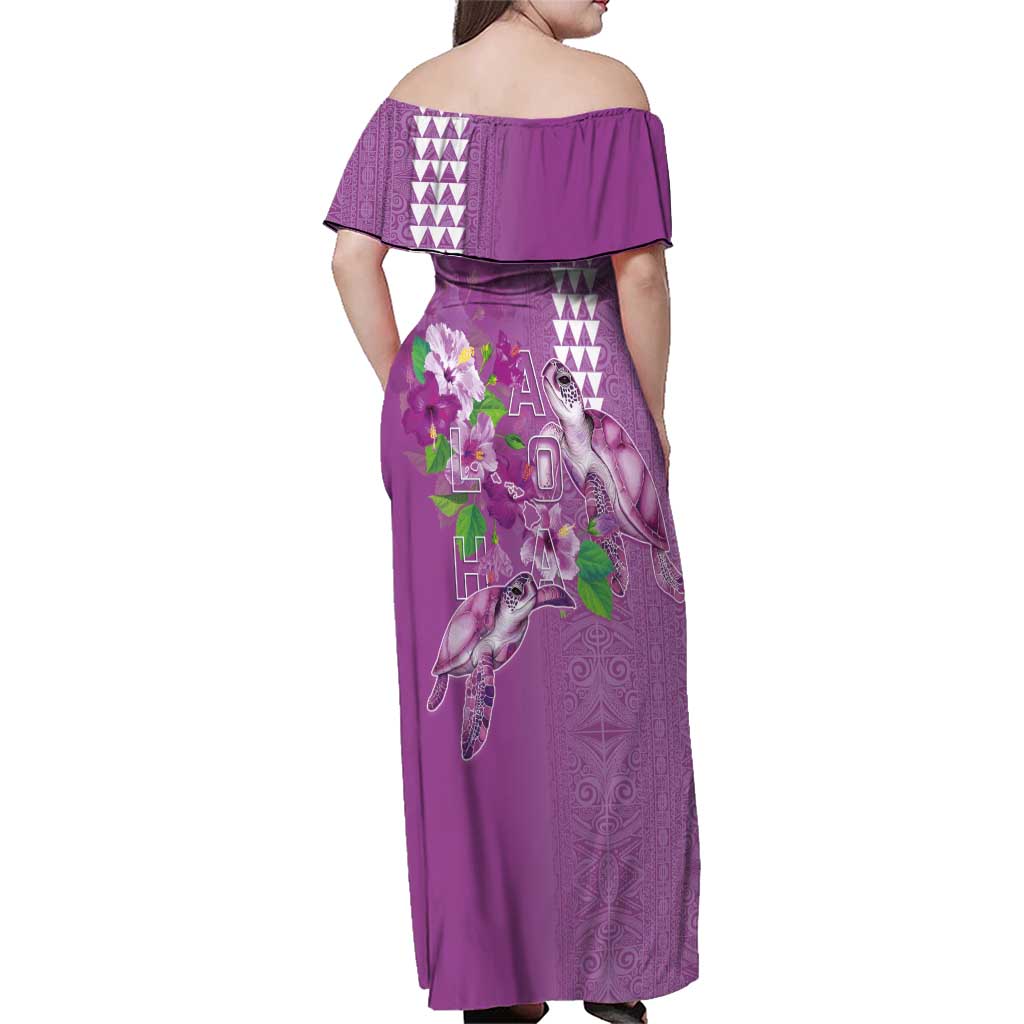 Hawaii Aloha Turtle Hibiscus and Leaves Family Matching Off Shoulder Maxi Dress and Hawaiian Shirt with Polynesian and Kakau Tattoos Lilac Color - Polynesian Pride